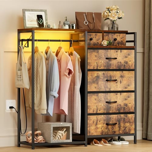 Coleshome Comoda Dormitorio con Barra para Colgar Ropa, Cajonera con LED y Toma de Corriente, Diseño Reversible con 6 Cajones, Cómoda de Tela para Dormitorio y Salón, 110 x 30 x 106 cm, Vintage