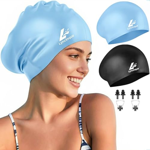 2-Pack Premium Quality Silicone Swim Caps for Women Men Teens & Adults – Medium Size – Stretchable Durable Extra Room for Long Hair Non-Slip & Waterproof (Dark Blue/Black)
