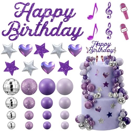 Leinuosen 76 Pcs Kpop Cake Topper Birthday Decoration with Purple Balls