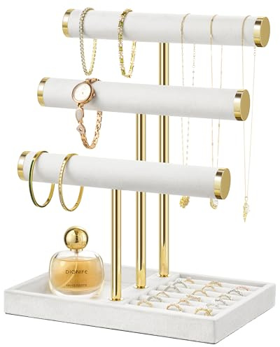 Josmimic Portagioie a 3 Ripiani - Grande Espositore Bianco per Bracciali, Espositore Rimovibile con Barra a T, Portabracciali in Velluto, Portagioie per Bracciali, Collane, Orologi, Anelli