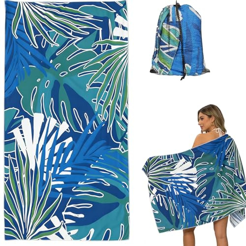 Beafaeur Serviette de Plage Microfibre 180 X 100cm,Drap de Plage XXL,Couverture de Bain avec Pochette de Rangement,Séchage Rapide et Bonne Absorption,pour Bord de mer,Voyages,Sauna,Piscine(Feuille)