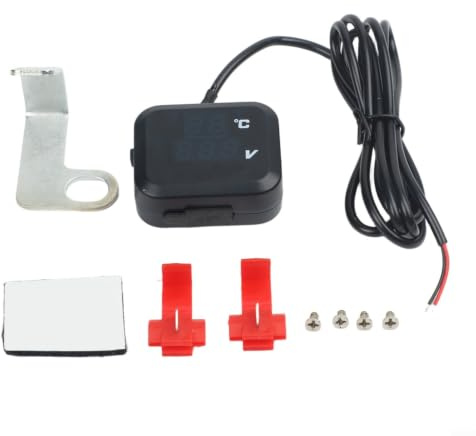 3-i-1 motorcykel digital voltmeter termometer för USB-laddare, styre montering spänning temp mätare för de flesta motorcyklar, blå-röd