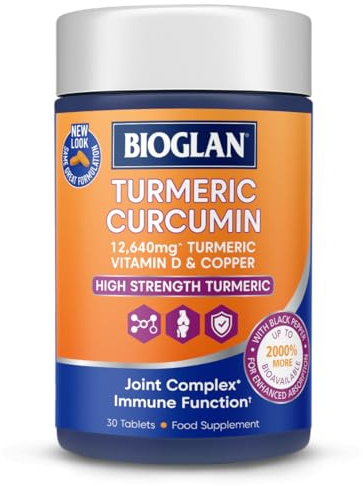 Bioglan Curcumin – High Strength Turmeric Extract with 95% Curcuminoids & BioPerine® Black Pepper | Immune, Bone & Joint Support | With Vitamin C, Vitamin D & Copper | 30 Tablets (1 Month Supply)