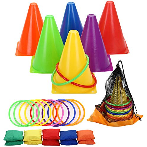 Win SPORTS 3 in 1 Carnival Outdoor,Combo Games Set,Soft Plastic Cones,Cornhole Bean Bags,Ring Toss Game,Kids Birthday Party Outdoor Games Supplies 26 Piece Set