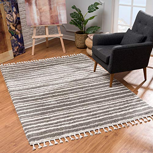 Teppich Wohnzimmer Shaggy - Grau Creme 80x300 cm - Deko Schlafzimmer Hochflor mit Fransen Flauschig Meliert - Muster - Oeko Tex 100 Standard - Allergiker geeignet