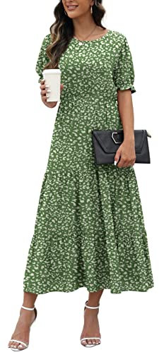 GRECERELLE Womens Summer Midi Dress Floral Print Boho Dress Ruffle Puff Sleeve High Waist A-Line Casual Boho Cocktail Holiday Beach Long Dress for Ladies (LD Green White, M)