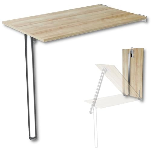 Väggmonterat hopfällbart bord med bordsben, skrivbordsskiva 80x50 cm i ek, hopfällbart matbord, köksbord för väggen, stabilt barbord, väggbord hopfällbart för väggmontering