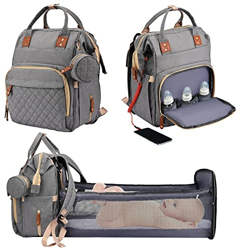 Towwoo Sac à Dos à Langer pour bébé, Sac de Voyage avec Lit de Bébé Portable, 35L Grande Capacité Sac de Maternité, Sac à Couches Multifonction avec 2 Sangles de Poussette et Berceau