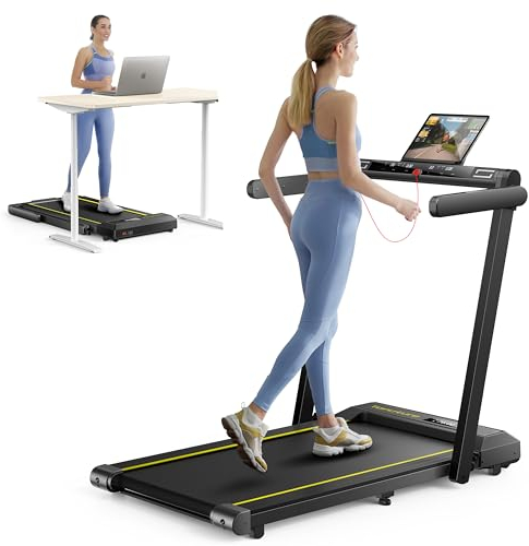 TOPUTURE Cinta de Correr Plegable, 2.5HP Hogar Cinta de Correr para el Debajo del Escritorio, Frecuencia Cardíaca,130 KG, 16KM/H, Dual Pantalla, Bocina Bluetooth, App (Negro - Sin inclinación)