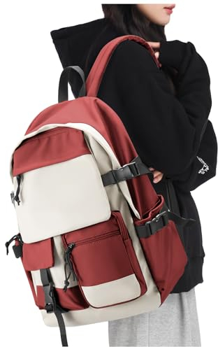 Schulrucksack Mädchen Teenager Jungen Schultasche, Wasserdicht Rucksack Damen Herren Schulranzen 15.6 Zoll Laptop tasche Backpack, Rucksäcke Schule Casual Daypack für Travel College Bookbag,Rot Weiss