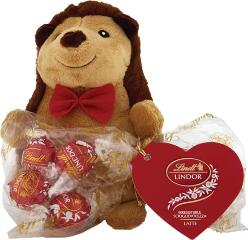 Lindt San Valentino Peluche Riccio Regalo con Cioccolatini Lindor al Cioccolato al Latte, in sacchetto 100g
