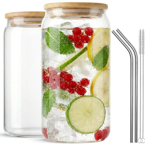 ASKIZ 2 Pcs Glass Cups With Bamboo Lids and Straws,16Oz Ice Coffee Cup,Drinking Glasses Cups Set,Water Bottles Glasses for Juicing,Beer,Coffee,Soda,Tea-Glass Tumbler Reusable for Gifts