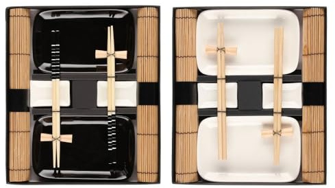 BAKAJI Set Servizio Da Sushi Giapponese Cinese In Ceramica Stoviglie Per 2 Persone Con Piattino e 2 Bacchette 2 Colori Assortiti Bianco Nero