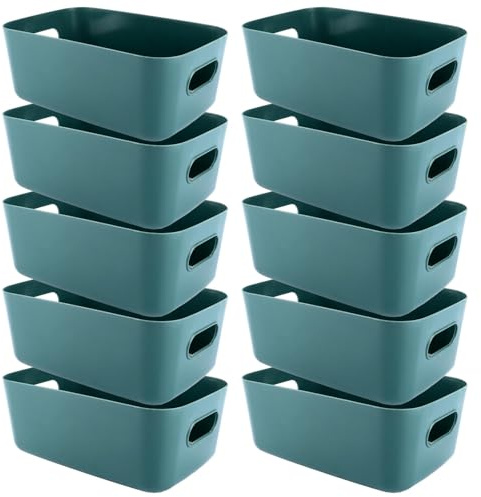 YAYODS Set di 10 Scatole di Immagazzinaggio in Plastica 30x20x12cm, Cesti Organizer con Doppia Maniglia, Contenitori Impilabili per Cucina, Bagno, Ufficio e Camera da Letto, Blu Marino