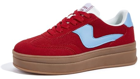 LUCKY STEP Women's Platform Trainers – Chunky Fashion Sneakers, Casual Lace-Up Walking Shoes with Stitch Detailing, Comfortable Everyday Footwear (Red/Blue, 8US-38EU-5UK)