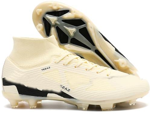 Mens Football Shoes Spike High Top Football Boots Youth Outdoor Turf Trainers Cleats Soccer Shoes Cleats Boys Professional Athletic Sneaker (Beige-1-T, 8UK)