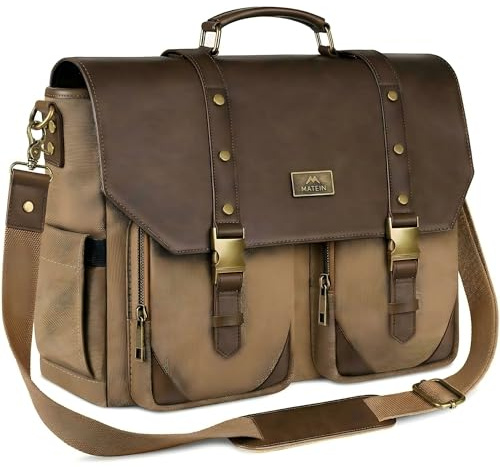 MATEIN Vintage Messenger Bag with USB Charging Port & RFID Blocking Pocket, 15.6 inch Laptop Bag Canvas PU Leather Men Briefcase, Water Resistant Computer Satchel Crossbody for Work Commuting, Brown