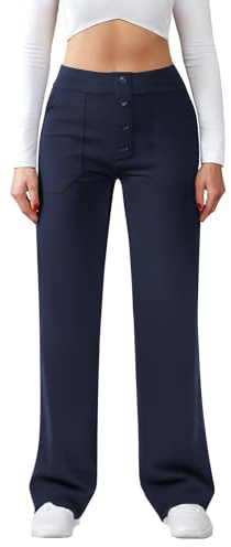Friptspyg Pantalones de Las Señoras de Cintura Alta Anchos Botón de la Pierna Recta Casuales de Trabajo de Yoga Stretch con Bolsillos,Azul Marino L