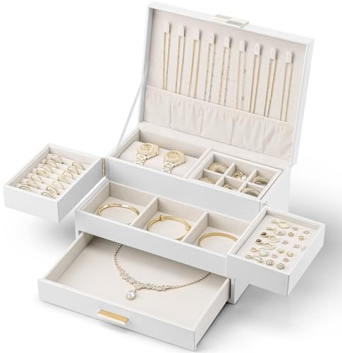 Vlando Schmuckkästchen Groß für Damen Schmuckaufbewahrung mit ausziehbarem Tablett Schmuck Organizer mit Schublade für Halsketten, Ringe, Armbänder,Ohrringe, Mütter und Mädchen, Weiß