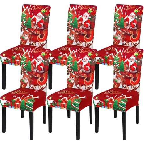 MEIVINES Christmas Dining Chair Covers Set Of 6 Xmas Stretch Dining Chair Slipcovers Removable Washable Christmas Chair Slipcovers High Back Dining Chair Slipcover For Living Room (Santa)