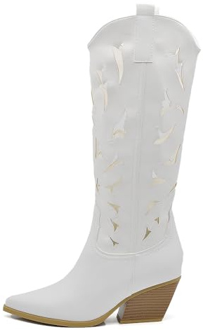 IF Stivali Alti Texani Donna Western in Pelle Sintetica Vegana, Design Traforato, Tacco Medio e Punta Affusolata G710 bianco 37