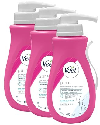 Veet Pure Haarentfernungscreme für Körper, Arme & Beine - Enthaarungscreme für sensible Haut - Minimum an Inhaltsstoffen - (3er Pack) 3 x 400 ml Spender inkl. Spatel