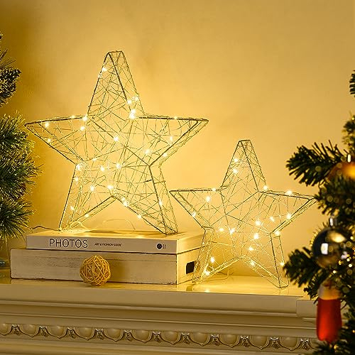 Lewondr Tischlampe, 2 Stück LED Sterne Deko Weihnachten Nachttischlampe mit Eisenrahmen Batteriebetrieben Tischdeko Weihnachtsbeleuchtung Fenster Schlafzimmer Zuhause Büro, Silber