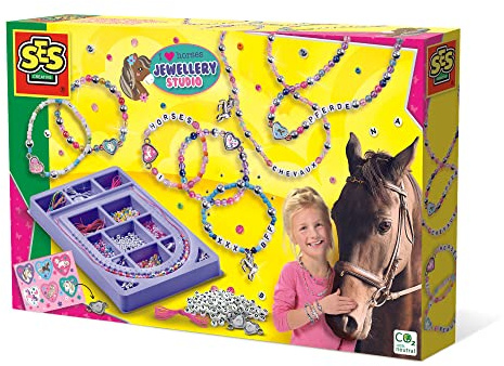 SES Creative I Love Horses Jewellery Studio Set, Beads, Elastic, Cord, Letter Beads and Horse Charms, Makes Necklaces and Bracelets, Includes Sorting Tray, Arts and Crafts for Kids