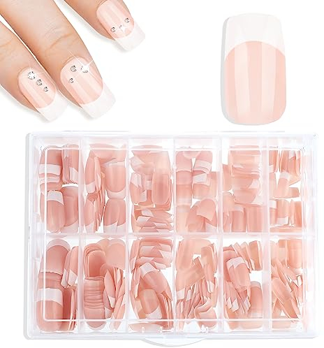 cobee Künstliche Nägel zum Aufdrücken, quadratisch 360 Stück französische Spitze nackte Farbe künstliche Nägel glänzend vollständige Abdeckung Kleber auf den Nägeln (kurzes Rechteck)