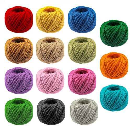 Swpeet 15 Pcs jute corda con 15 colore 2mm 3 strato naturale stringa di juta per imballaggio regalo, impianto appeso, opere d'arte, artigianato fai da te, visualizzazione di immagini e abbellimenti