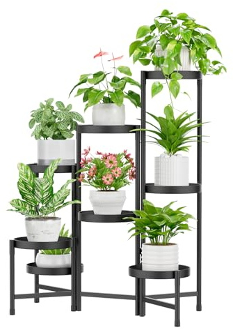 iDavosic.ly 8 Etagen Metall Pflanzenständer Blumentopfständer, Mehrstöckig Pflanzenregal Blumenregal Pflanzentreppen für Zimmerecke, Wohnzimmer, Balkon, Terrasse, Hof (Rund, Schwarz)