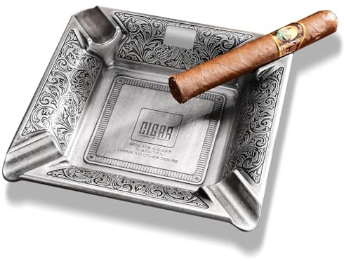 Hancigar Cigar Ashtray 4 Slots Metal Large Cigarettes Ashtray for Home and Office (Silvery)
