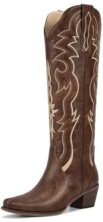 wetkiss Brown Cowboy Boots for Women Knee High Cowgirl Tall Boots with Classic Retro Embroidered Chunky Heel Slip On Pointed Toe Womens Western Boots for Girls Ladies Size 8