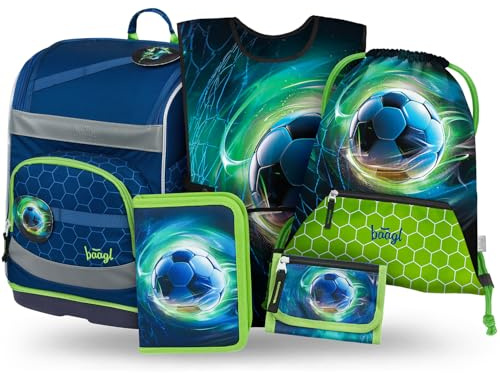 Baagl Schulranzen Jungen Set 5 Teilig (Zippy Schultasche für 1. Klasse, Mäppchen, Turnbeutel, Schürze, Brustbeutel), Grundschule Ranzen, Ergonomischer Schulrucksack, 21 l (Fußball Ball)