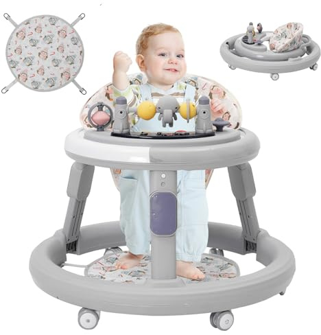 3-i-1 babygåstol (med aktivitetscenter, matbricka och golvmattor), höjdjustering, anti-O-bendesign, robust och hållbar gåstol, baby walker från 6 månader, vikbar (grå)