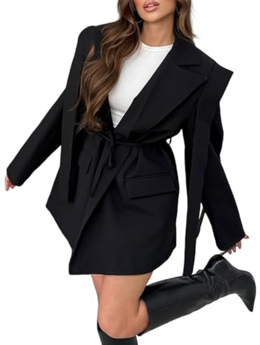 Minetom Blazer Long Femme Veste de Costume à Revers Élégant Manches Longues Bureau Affaires Tailleur Manteau avec Ceinture
