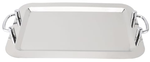 Acouto Bandeja de Acero Inoxidable, Bandeja Grande Pulida con Espejo Resistente con Asas, Elegante Plato para Servir Frutas y Postres de Hotel (Forma rectangular con plateado, 47,5 cm.)