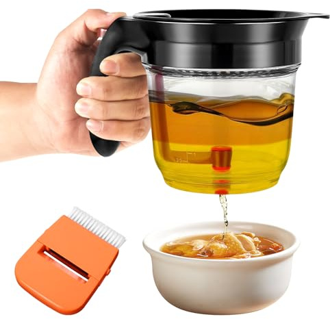 VAVPUP 1000ml Fat Separator with Bottom Release,Clear Measuring Jug,Multi-Function Strainer for Gravy Grease & Soup Oil Separation,Cooking Tool,with Peeler(black,1)