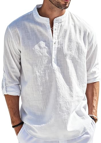 Cegerne Camicia Lino Uomo Maniche Lunghe Estiva Leggera Traspirante Henley Casual Maglietta Casacca Vacanze Spiaggia, Bianco Sporco, M