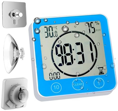 Waterproof Hanging Wall Clock Shower Timer, Large Digital Bathroom Alarm Clock for Kids, Big Visual Kitchen Cooking Countdown Timer, Bath Temperature Humidity Meter Mirror Suction Cup Timer (Blue)