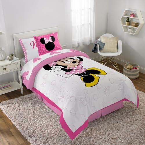 Disney Minnie Mouse XOXO 5 Piece Twin Bed Set - Includes Reversible Comforter & Sheet Set - Super Soft Fade Resistant Polyester (Official Disney Product)
