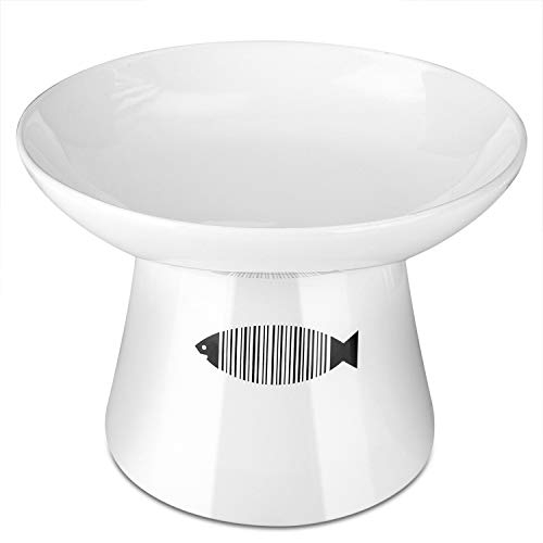 Yangbaga raised cat bowl ,4.8x6.4in Premium Ceramic Cat Food Bowl With Fish Motif,Tilt Angle Protect Cat's Spine, Stress Free, Backflow Prevention, Gift for Cat, White