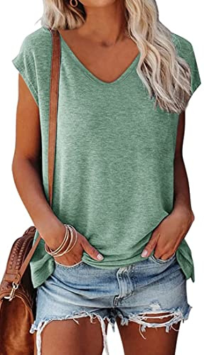 OLIPHEE Camiseta Basica Mujer Verano Mangas Cortas Camiseta Elegante Blusas Casual Toppar T-Shirt Basica Azul Verde M