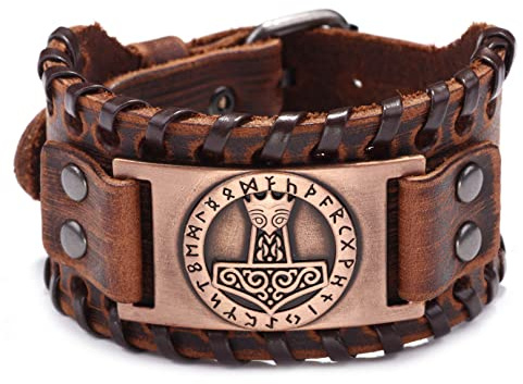 Thajaling Bracciale modello martello di Thor, bracciale in pelle vichinga, bracciale amuleto runa nordica, Bracciale con nodo celtico fatto a mano, bracciale vintage per donna uomo (Marrone)