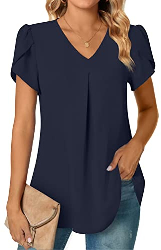 Tomwell Camicia Donna Maglietta Chiffon Donna Maniche Corte Camicetta Chic con Scollo a V Elegante Blusa Estivi di Colore Puro da Donna Casual Top Tunica Fluida T Shirt A Blu Navy XXL