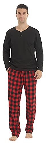 LNFINTDO Mens Pyjamas Sets Fleece Long Sleeve Top & Plaid Pyjamas Bottoms Soft Nightwear Loungewear Warm Pjs Sets
