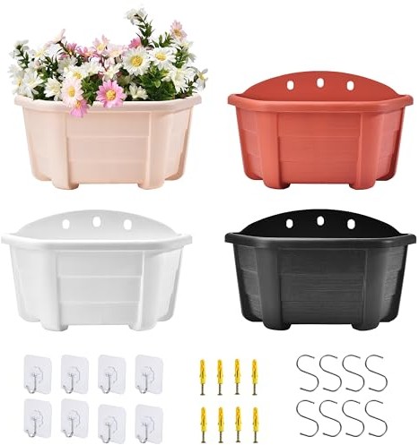 ORIMERC 4 Pack 25cm Wand-Pflanzgefäße aus Kunststoff, Retro-Stil, Geländer, hängende Pflanzgefäße, Pflanzen, Blumen, Kunststofftöpfe, Körbe für Balkon, Zaun, Garten, Außen- und Innenbereich-4 Farben