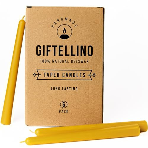 Pure Beeswax Taper Candle Set of 6-7 Hours Lasting - 100% Pure Beeswax and Cotton Wick - Long Unscented Dinner Candles - Handmade Candle Lovers Gift (6)