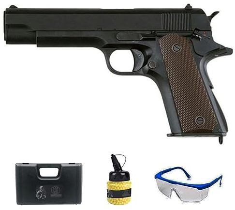 Pistolet Cyma CM123-1911- électrique (6 mm) | Pistolet Airsoft (Billes PVC) Calibre 6 mm + Bouteille 1000 Billes 0,12g + Lunettes de Protection + Mallette Rembourrée. [Puissance : 0,5 Joule]