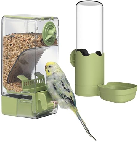 Bird Feeder Water Dispenser Set, Automatic Cage Feeder with Perch for Seed Parakeet Canary Cockatiel Finch Budgies Cage Accessories (Green)